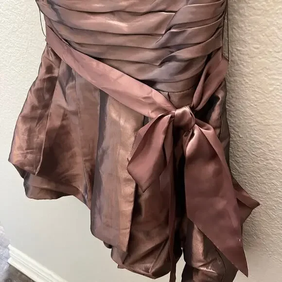 Jessica McClintock Gunne Sax Strapless Satin Bubble Hem Dress Y2K Brown Party XS - Picture 6 of 8